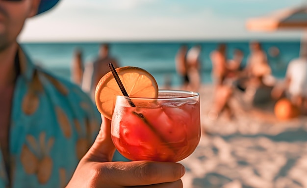 Hand van een man met een cocktail op het strand op een zonnige zomerdag op vakantie Generatieve ai