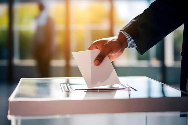 Foto hand van een persoon die tijdens verkiezingen een stem in de stembus werpt