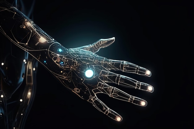 Hand van een robot en mens verbonden met het metaverse universum Digitale transformatie conceptueel voor generatieve ai van het volgende generatie technologietijdperk