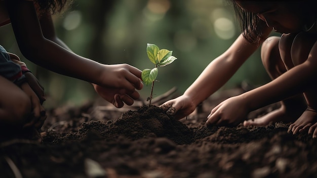 Hand van kinderen die plant en bodem vasthouden met bokeh en natuurachtergrond Generatieve Ai
