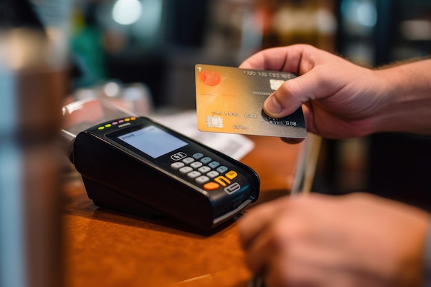 Hand van klant die betaalt met contactloze creditcard Generatieve AI