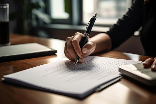 Foto hand van vrouw met pen met schrijven op papier