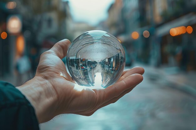 Hand van zakenman met een glazen bal