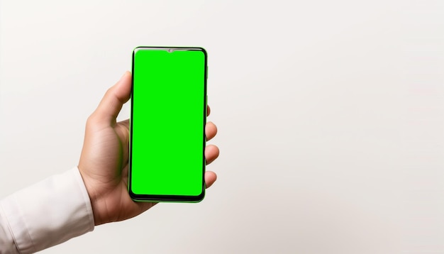 Hand vasthoudend smartphone groen scherm geïsoleerd op witte achtergrond