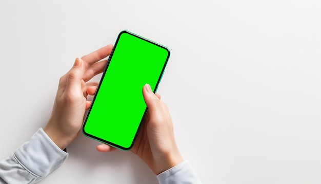 Hand vasthoudend smartphone groen scherm geïsoleerd op witte achtergrond