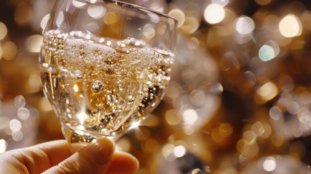 Hand vasthoudend sprankelend champagne glas tegen Bokeh lichten