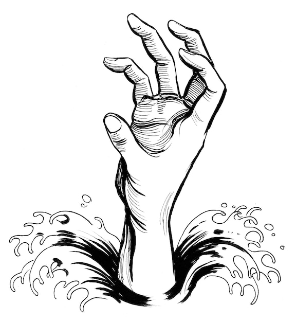 Foto hand verdrinken in het water. inkt zwart-wit tekening