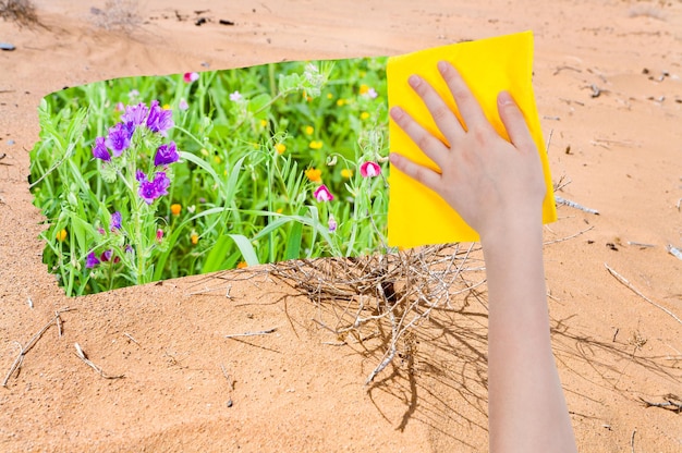 Hand verwijdert zand in woestijn door gele doek