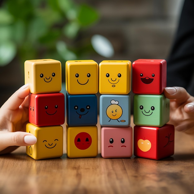 Hand voting with happy smiley face emoticon icon on Wooden Cube