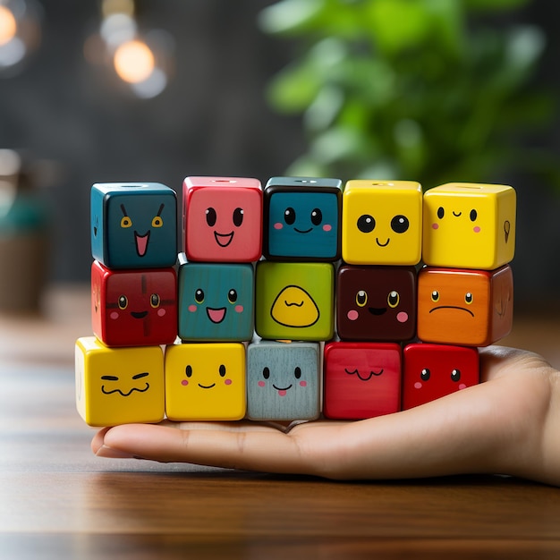 Photo hand voting with happy smiley face emoticon icon on wooden cube