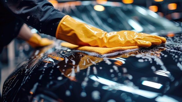 Photo hand washing luxury car with foam