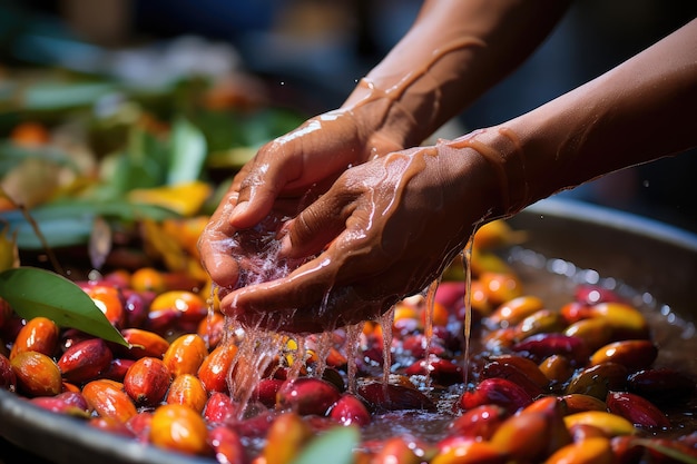 Ручное мытье органических фруктов и овощей, профессиональная рекламная фотография продуктов питания.