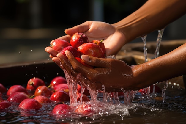 유기농 과일과 채소를 손으로 는 물 스플래시 전문 광고 음식 사진