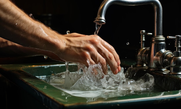 Мытье рук под раковиной Человек моет руки в раковине