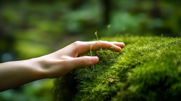 hand wat betreft groen mos met onscherpte groene natuurlijke achtergrond