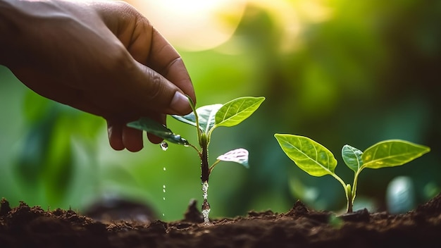 A hand watering a plant in a garden