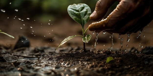 A hand watering a plant with water drops on it