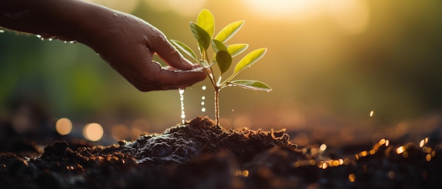 Photo hand watering a sprout in the ground in the rays of light