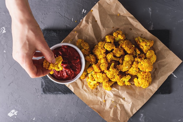 Hand waving cauliflower in tomato sauce on black stone Board on gray background, top view