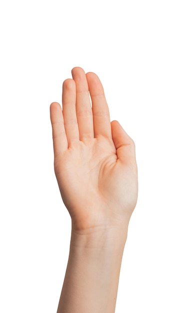 Hand waving greeting gesture saying hi hello good bye isolated on white