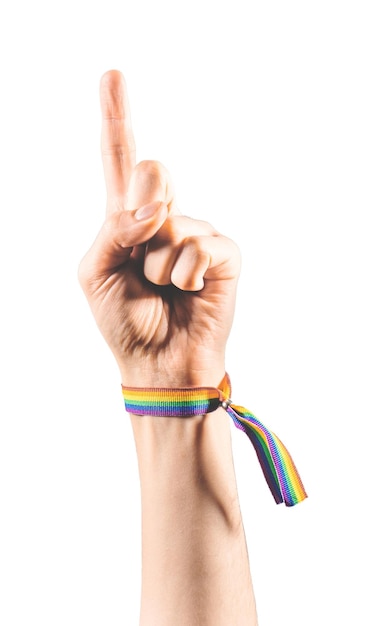 Hand wearing a bracelet with the colors of the LGBT flag raising one finger