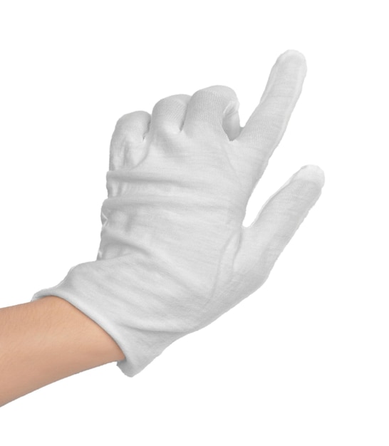 Hand in a white fabric glove on a white background isolate A hand in a white glove shows the index finger