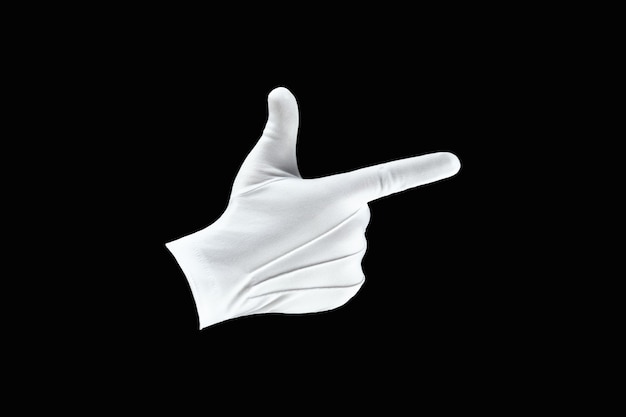 Hand in a white glove isolated on black, shows the index finger. 