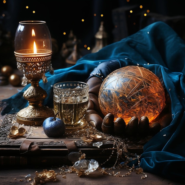 Photo hand of a witch with a crystal and candles