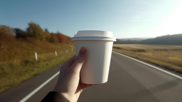 写真 自然の秋の道路の背景に白い紙のコーヒーカップを持った手