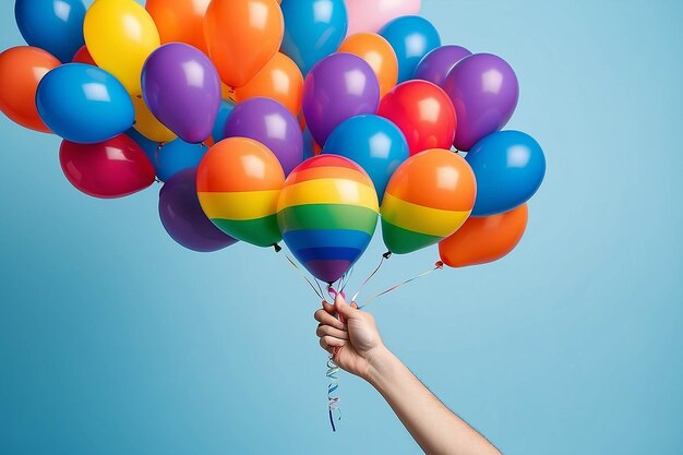 Photo hand with balloons in lgbt colors