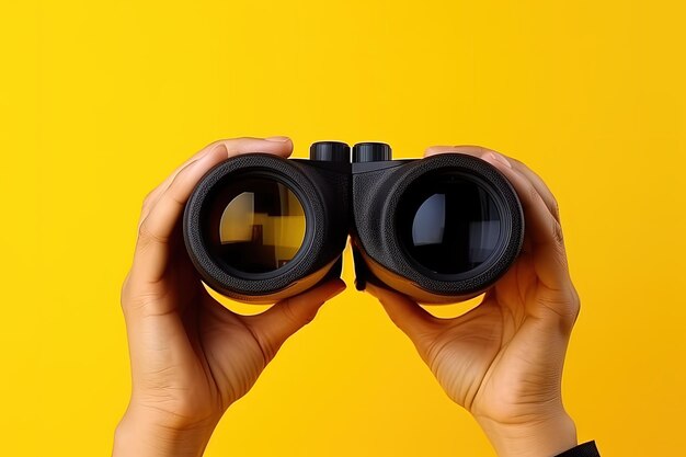 Hand with binoculars on yellow background symbolizes search and exploration