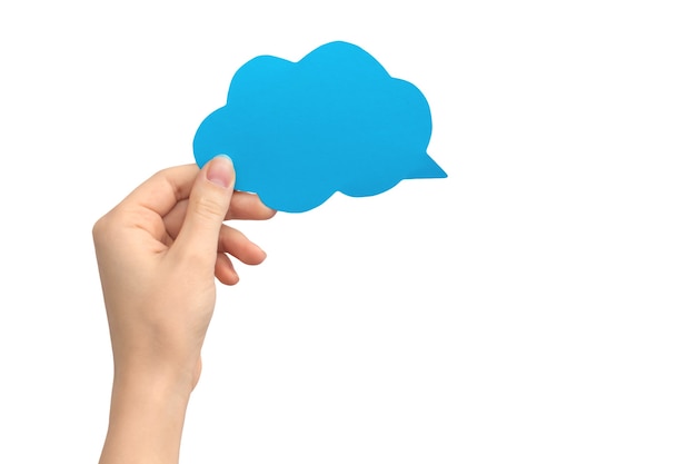 Hand with blank speech bubble in cloud shape, blue color, isolated on a white background. Concept of giving feedback, communication and text message. Empty cardboard mockup photo