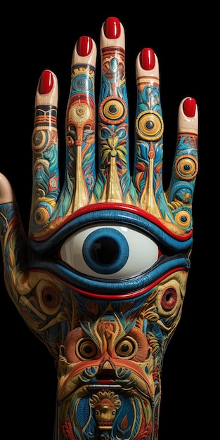 Photo a hand with a blue eye and the eye painted on it