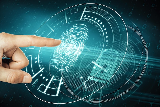 Photo hand with blue fingerprint interface