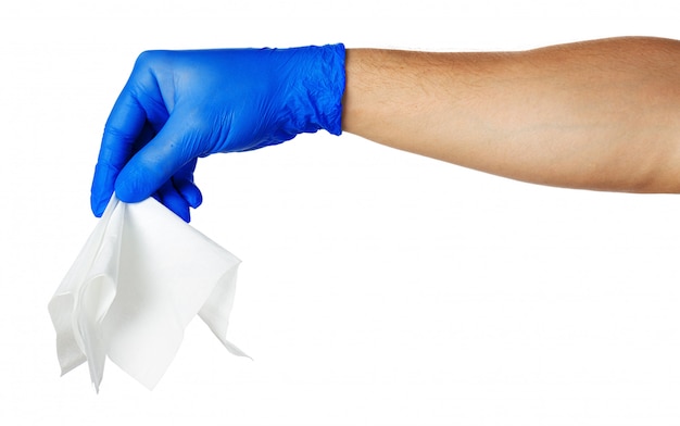 Hand with blue gloves takes a white cloth, close up