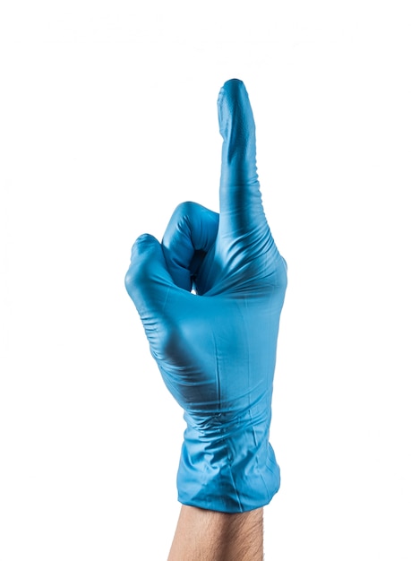 Photo hand with blue latex glove showing one finger