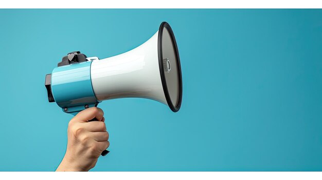 Photo a hand with a blue megaphone on a blue background