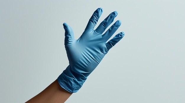 Hand with blue rubber gloves holding object on white background in closeup