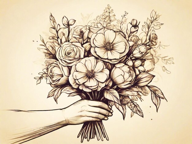 hand with bouquet of flowers sketch teachers day background