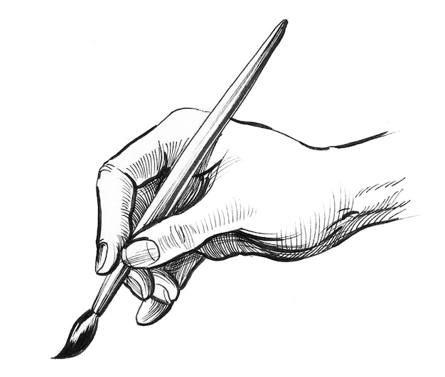 Hand with a brush. Ink black and white drawing