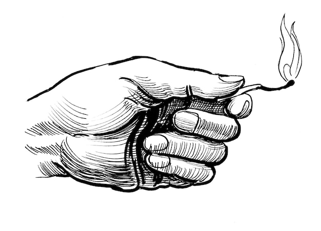 Hand with a burning match. Ink black and white drawing