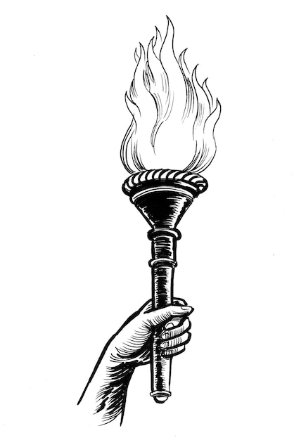 Photo hand with burning torch. ink black and white drawing