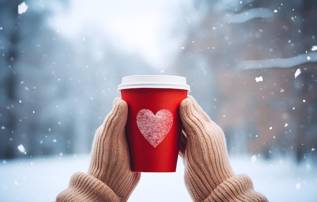 hand with cardboard cup with heart over falling snow and snowy n