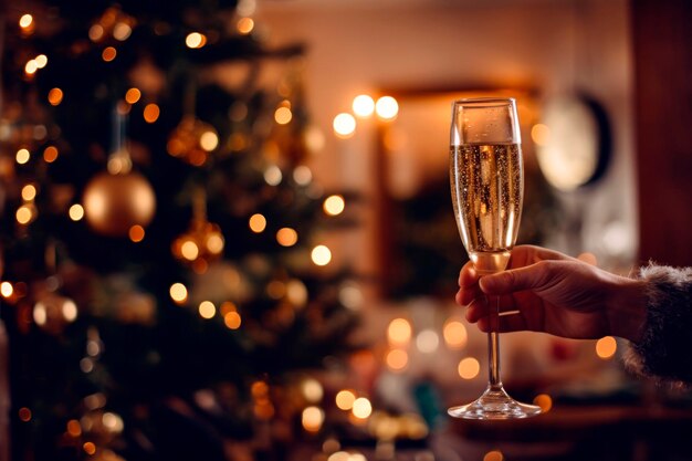 Foto mano con lo champagne davanti a un albero di natale in una casa decorata