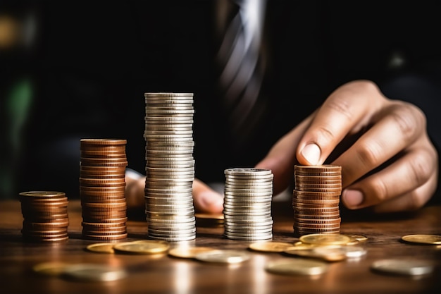 Hand with coins on the table coin stacks growing business concept finance theme