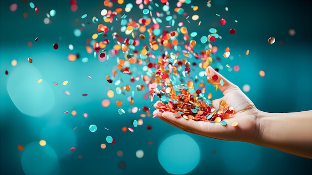 Hand with confetti flying on blue background Concept of celebration party or birthday Copy space