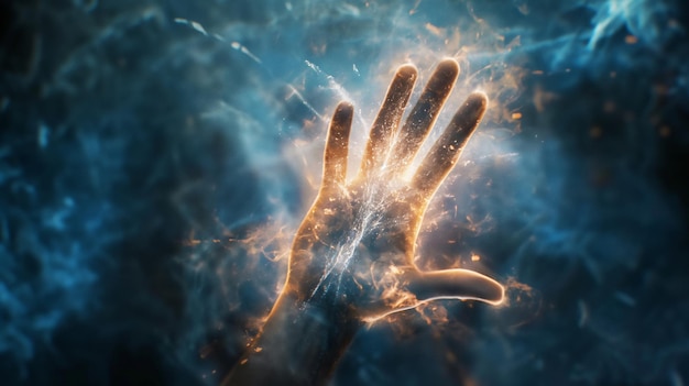 Hand with cosmic energy streams and particles against a dark nebulous background