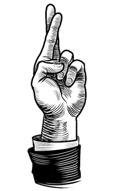 Hand with crossed fingers Handdrawn retro styled black and white illustration