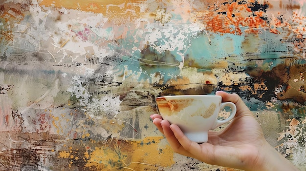 Hand with a cup of aromatic coffee Collage art