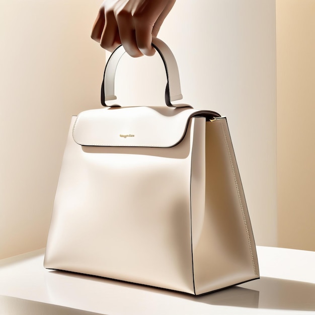 Photo hand with dainty bracelets holding the white bag by the handle in equilibrium